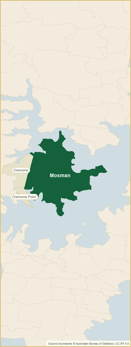 The Mosman plumbing service area, listing the suburbs we cover: Mosman, Cremorne, Cremorne Point, Balmoral out to Beauty Point, Clifton Gardens, Georges Heights and more