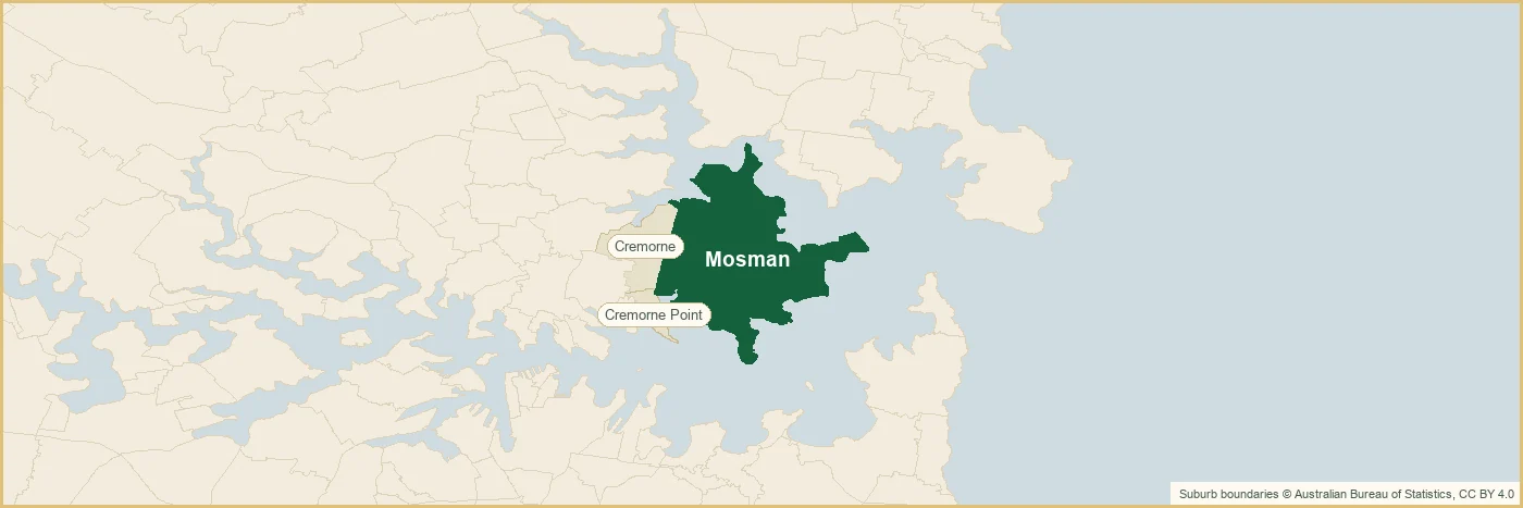 Map of the Mosman plumbing service area with all 20 suburbs we cover labelled, from Mosman and Mosman through Mosman and Cremorne Point to Clifton Gardens, Georges Heights, Mosman and Mosman